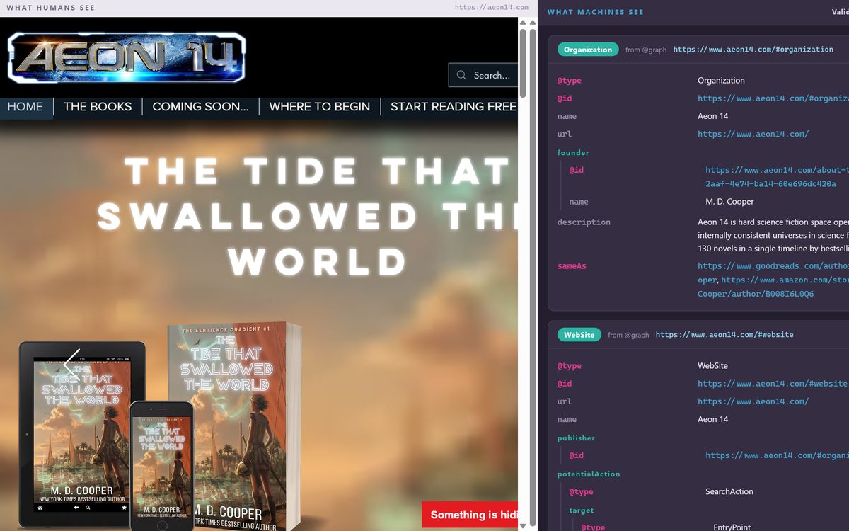 Graph Lens showing a website beside its JSON-LD structured data